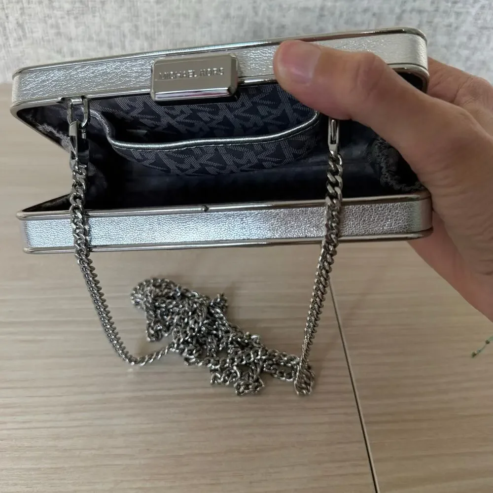 Michael Kors Elsie Silver Quilted Leather Box Clutch Chain Bag